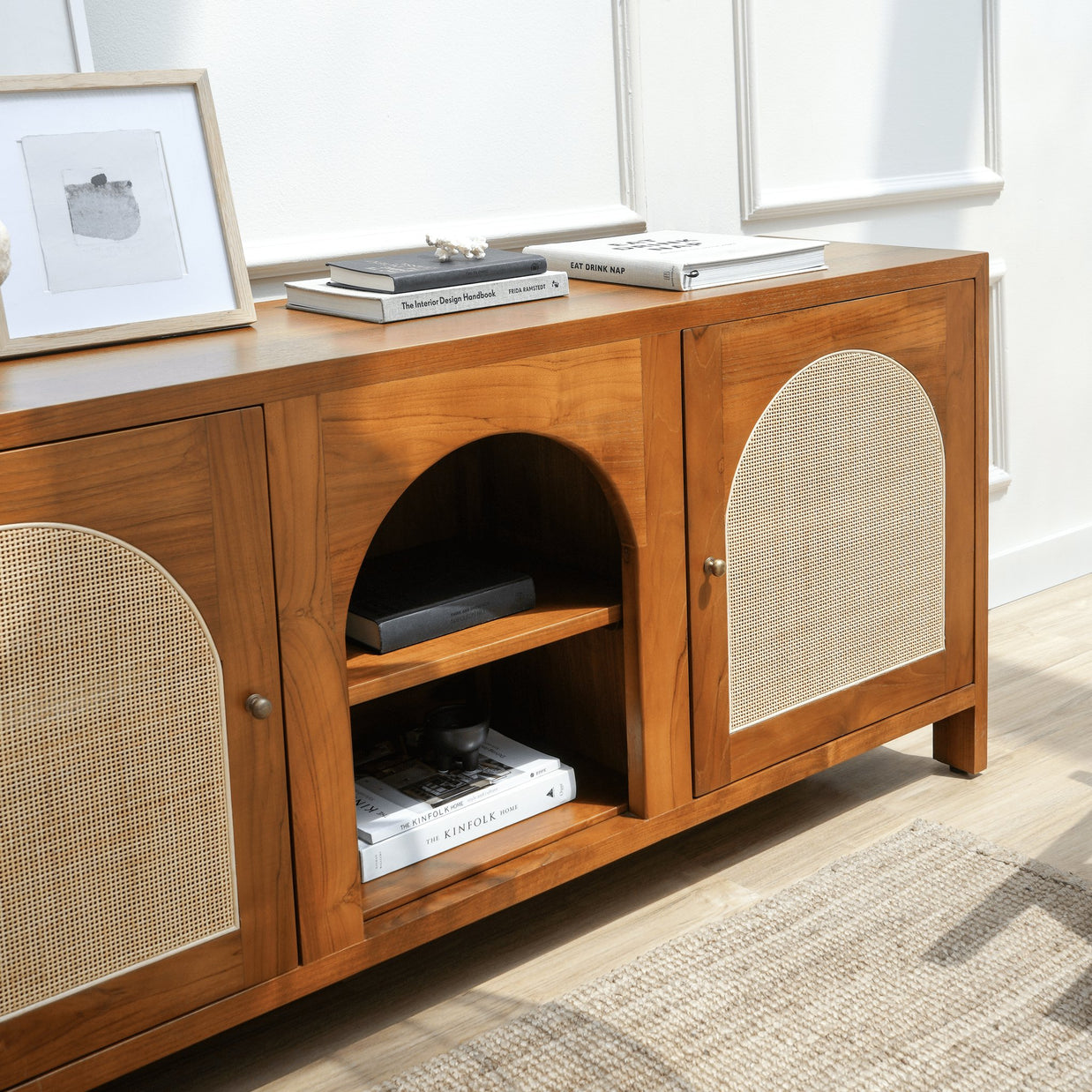 Functional TV console with removable shelf and natural wood finish