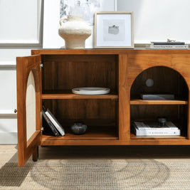 Elegant teak TV console with soft-close rattan mesh doors