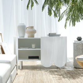 Freya TV console with curved design and contemporary white finish