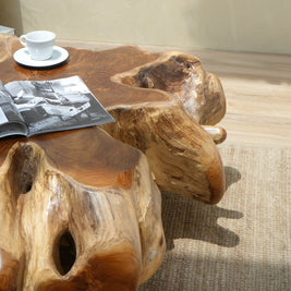 Unique teak root coffee table with natural grain