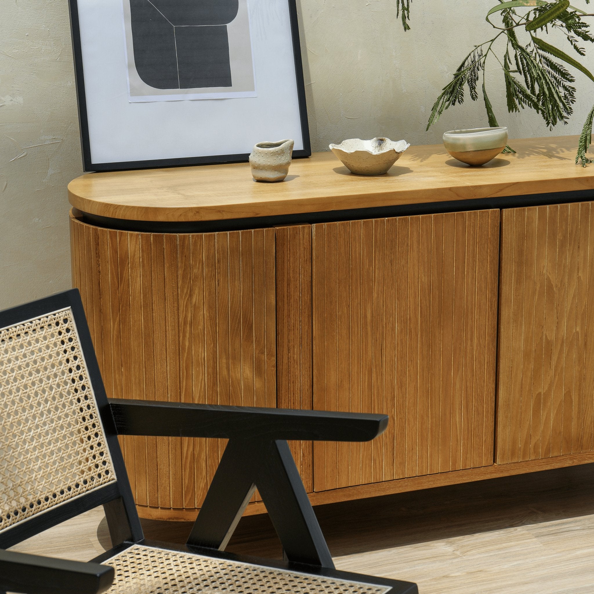 Handcrafted fluted wood sideboard with side and front storage doors