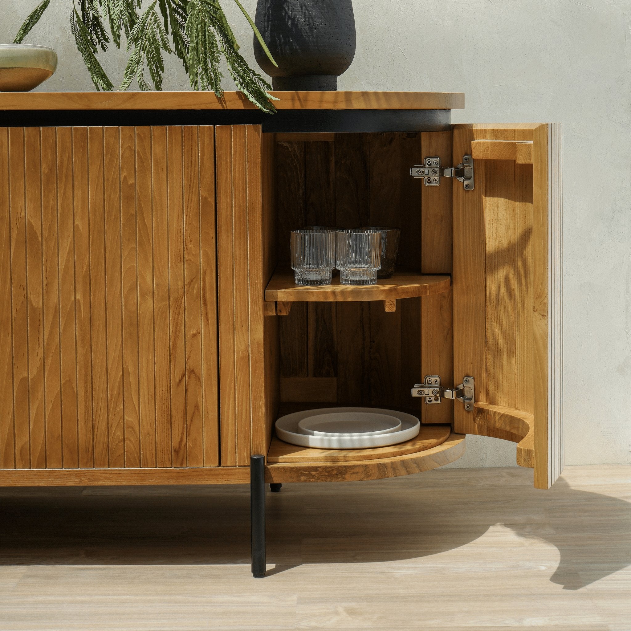 Luxury teak wood sideboard featuring textured fluted panels