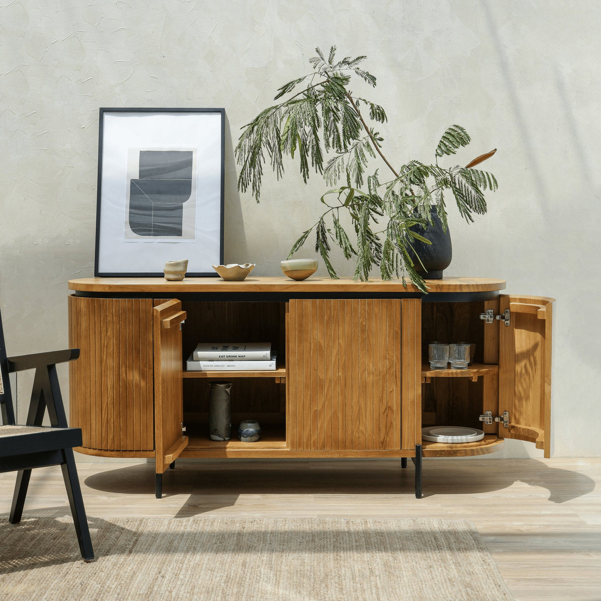 Contemporary teak sideboard cabinet with sleek metal legs