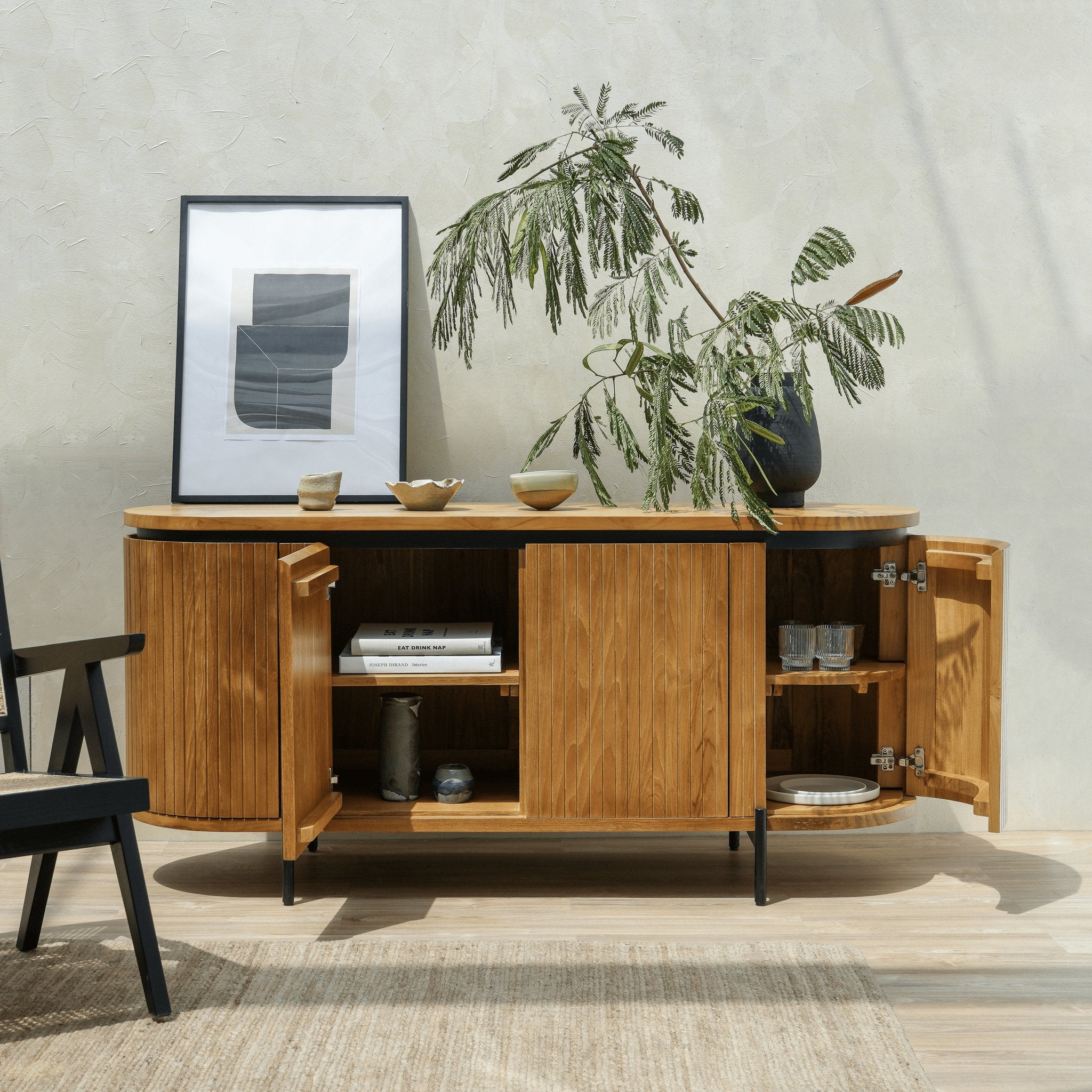 Contemporary teak sideboard cabinet with sleek metal legs