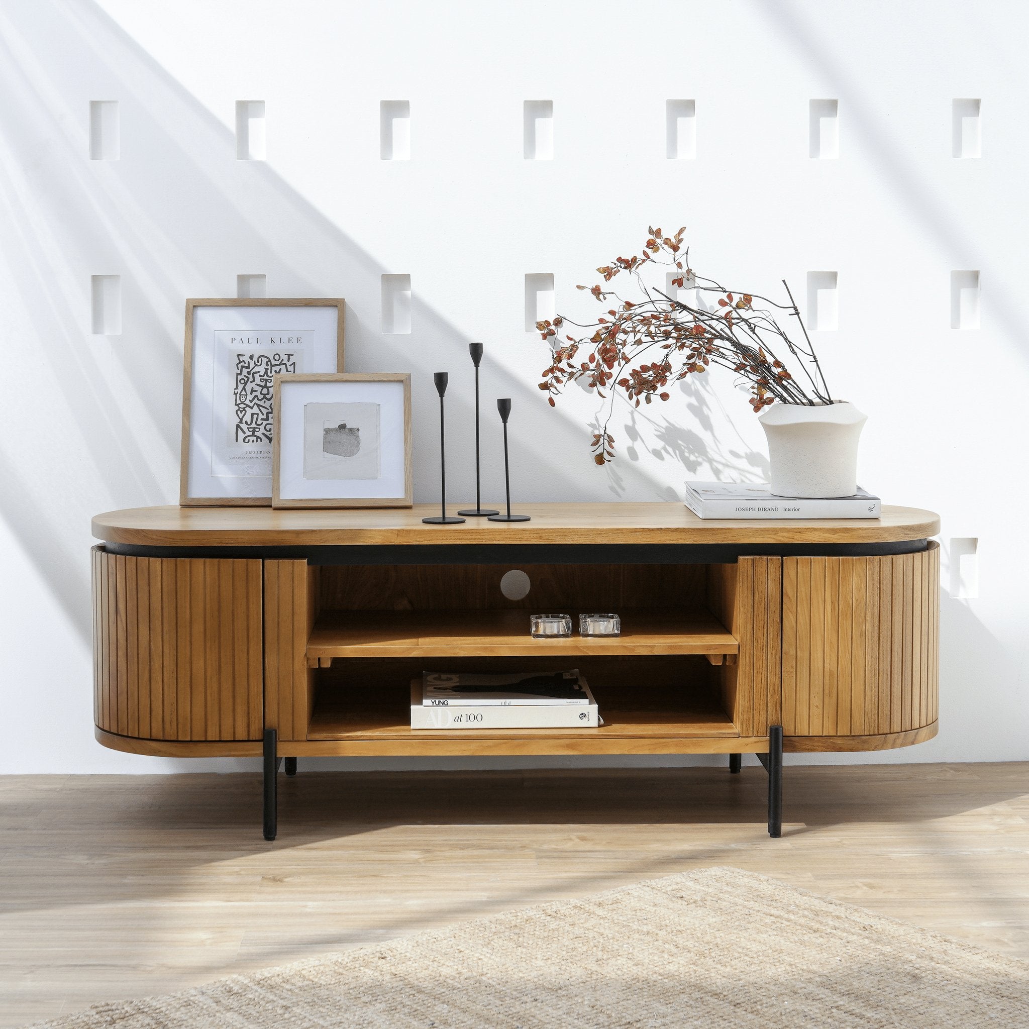 Willow Fluted Wood TV Unit with teak construction and fluted detailing