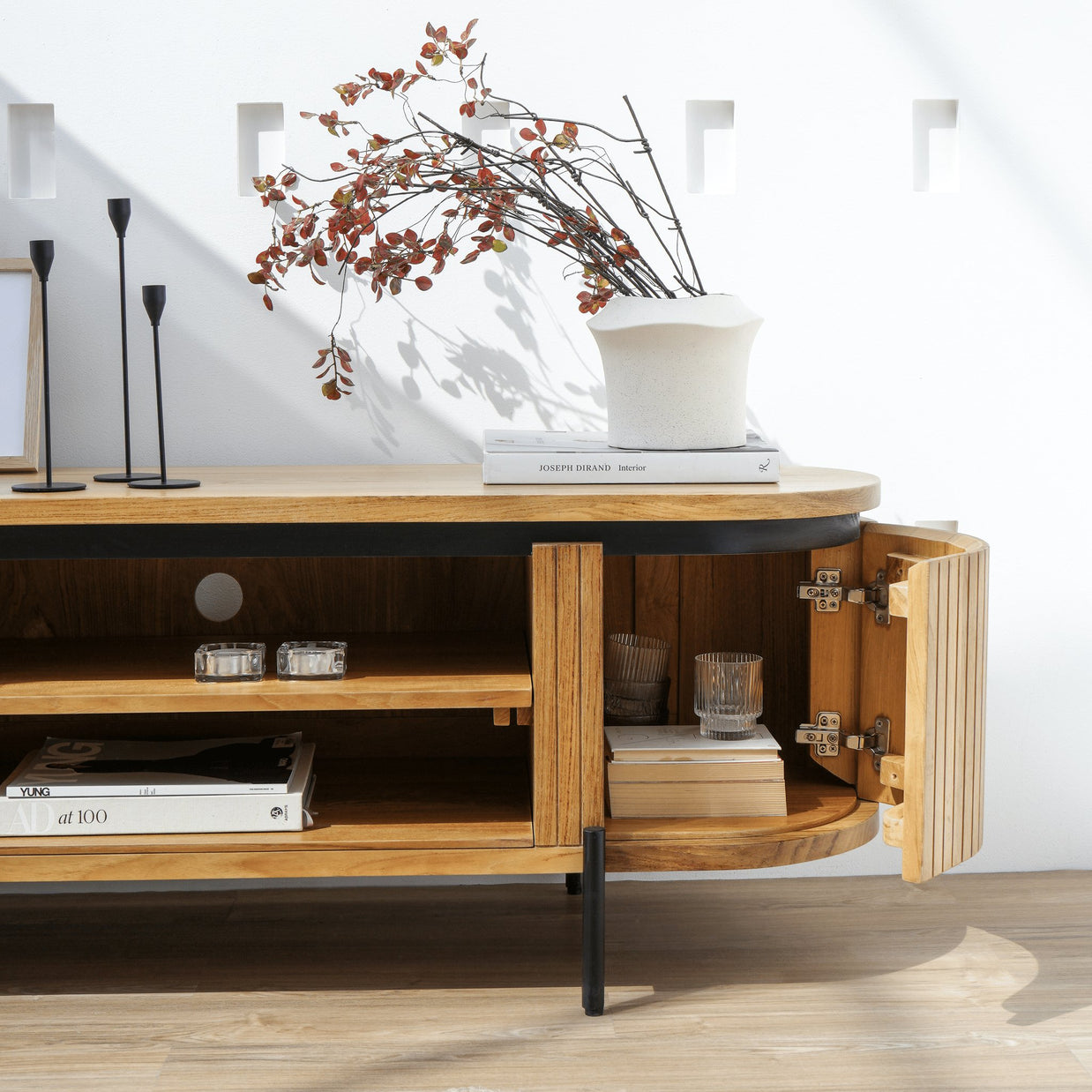Modern teak TV unit with black powder-coated metal legs by Wood Culture