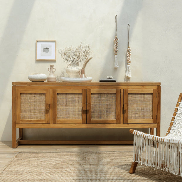 Bintang Sideboard with teak wood frame and natural rattan cabinet doors