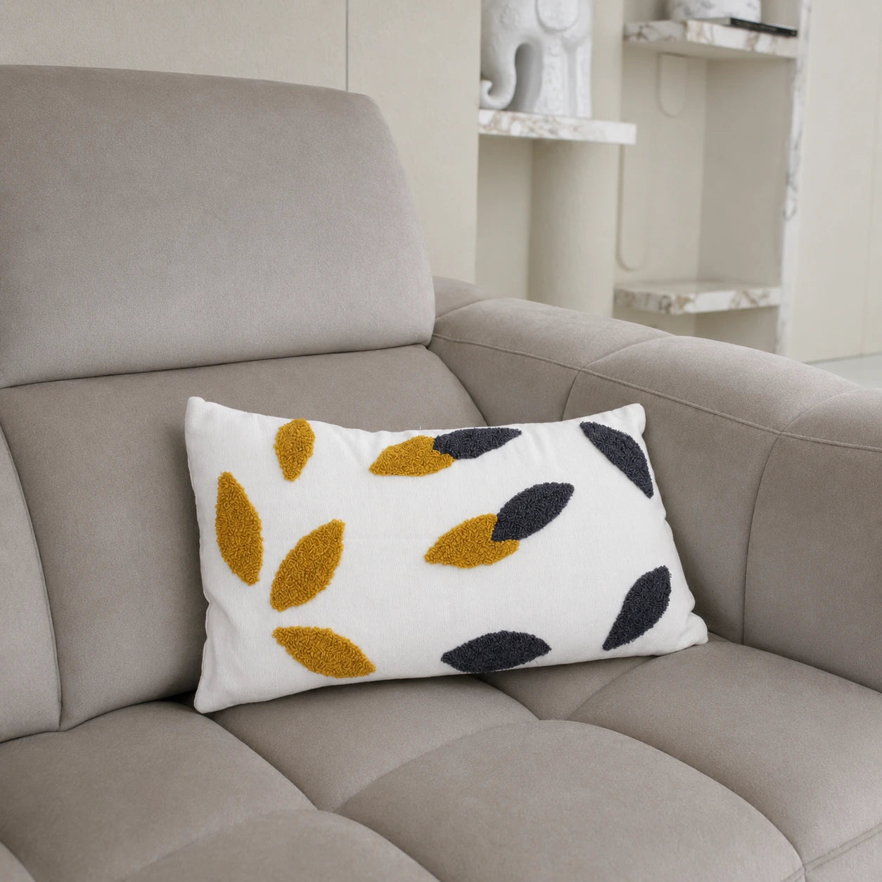 Black and gold leaf cotton cushion, view 2