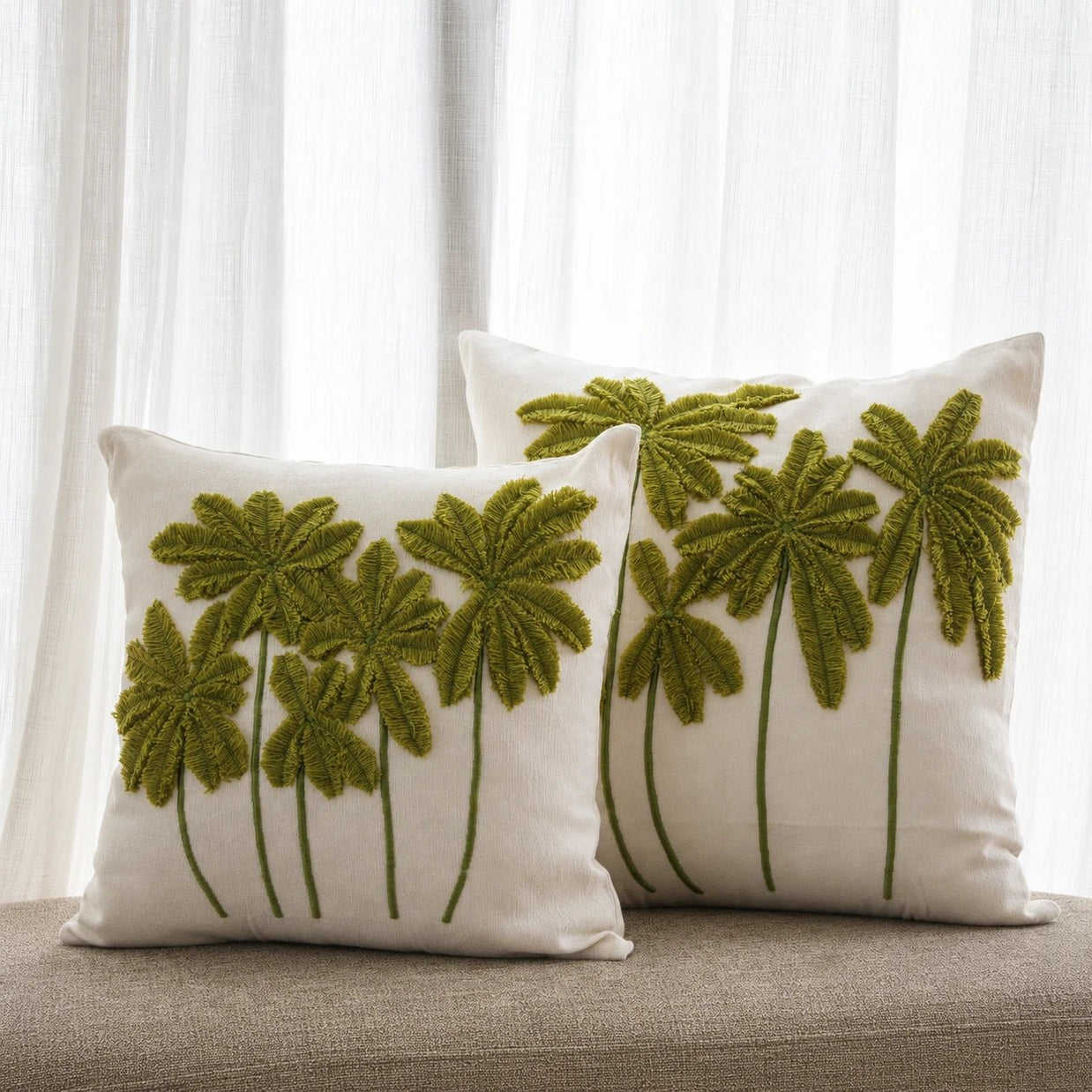 Wool green palm cotton cushion, view 5