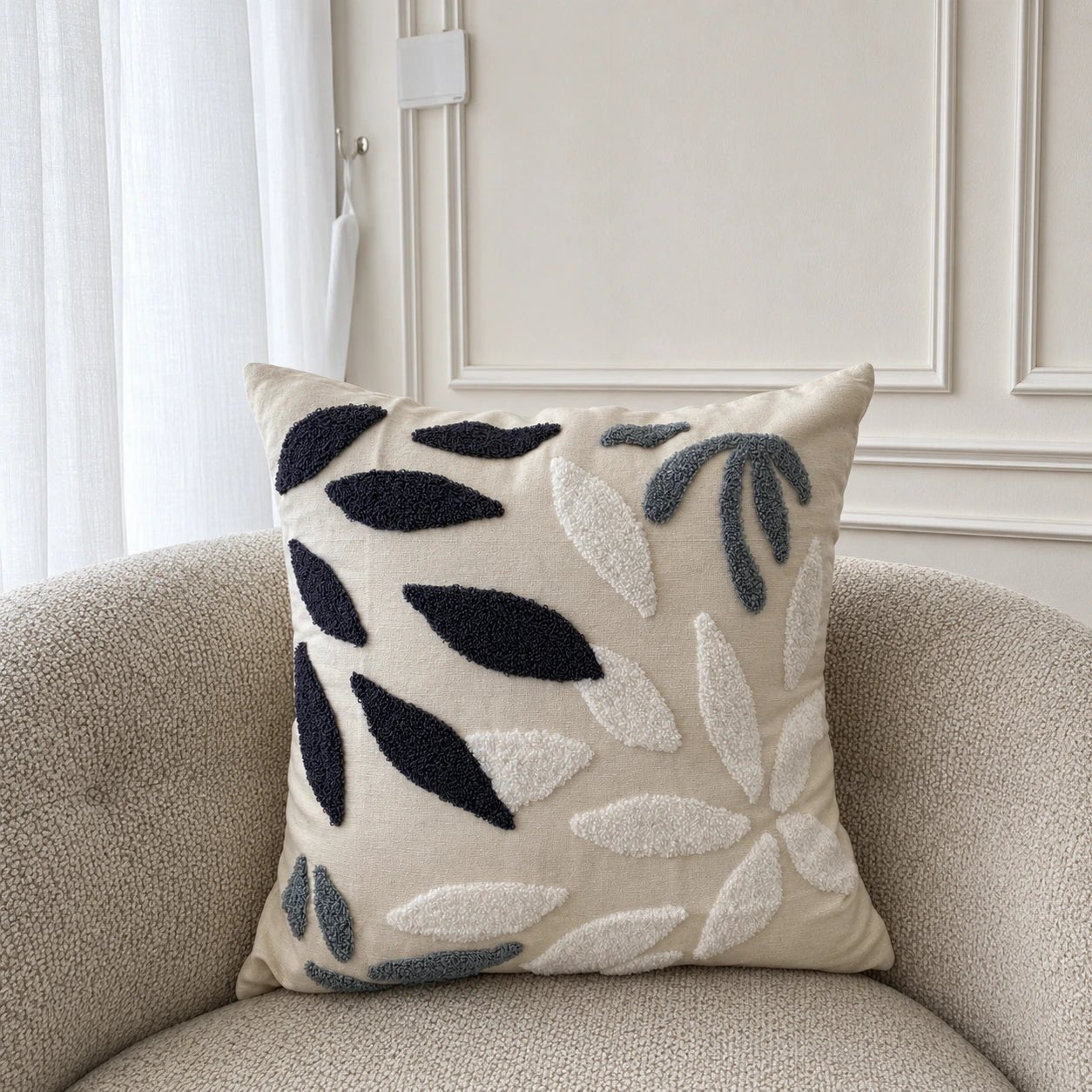 Black and white leaf cotton cushion, view 2