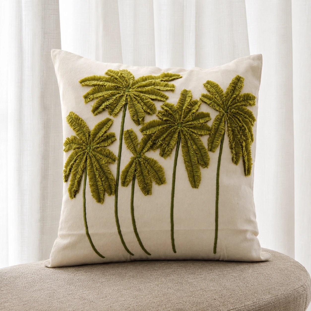 Wool green palm cotton cushion, view 3