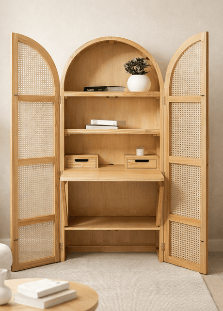 Amanda folding desk in Sungkai wood and rattan that closes into a cabinet