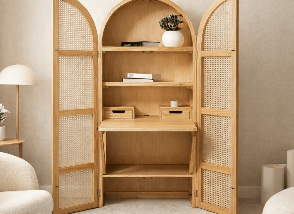 Amanda folding desk in Sungkai wood and rattan that closes into a cabinet
