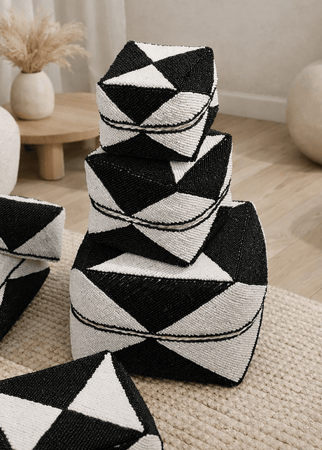 Adara bamboo boxes with black and white beadwork, set of five
