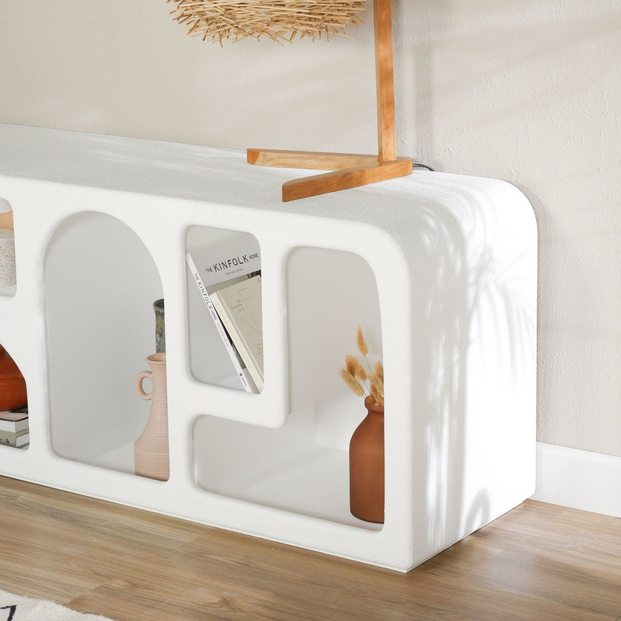 Textured finish TV console with seven display cubbies