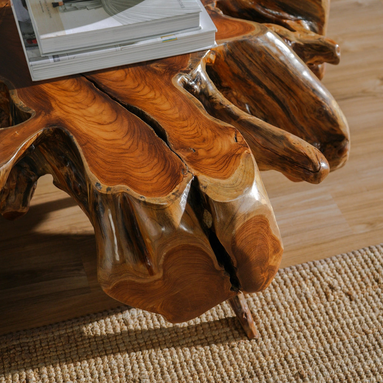 Close-up teak root coffee table texture and grain