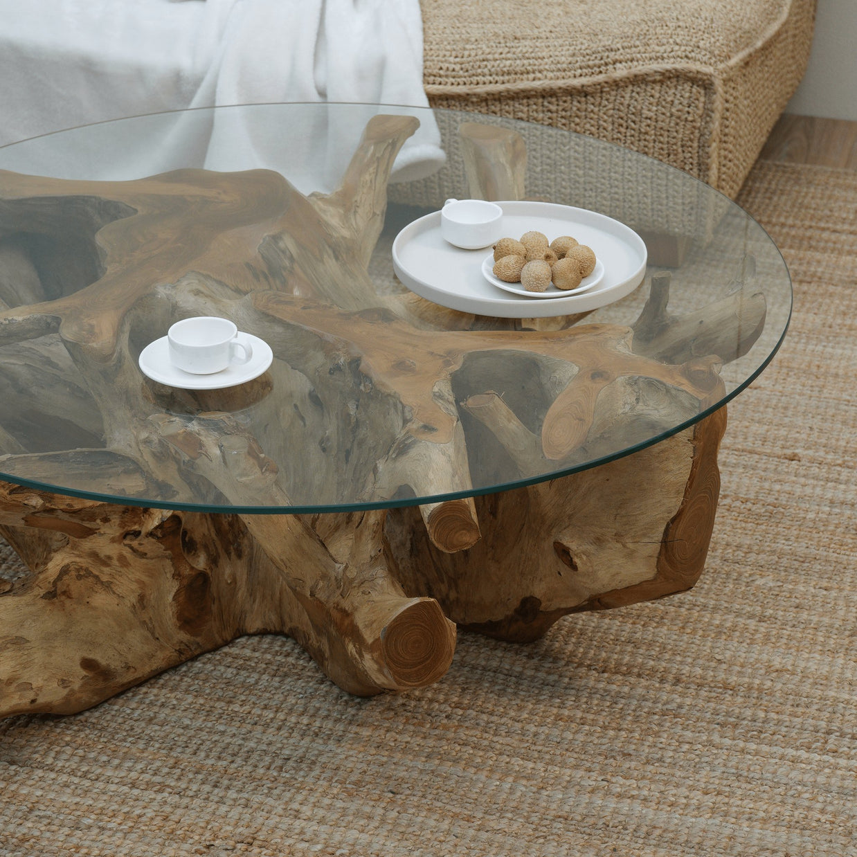 Java rectangle teak root coffee table with glass top