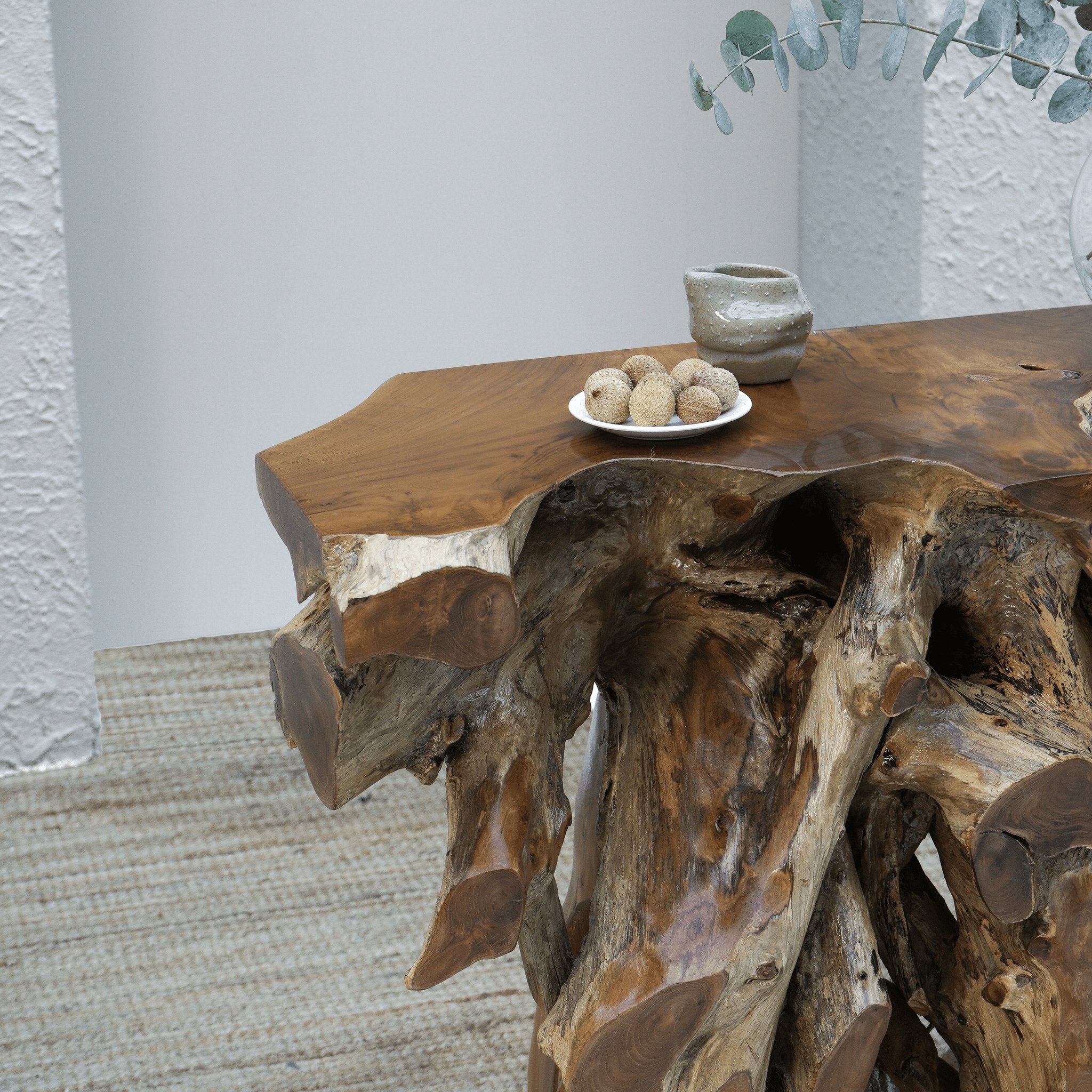 Handcrafted teak root console table with organic natural shape