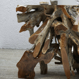Natural teak root console for living room statement decor